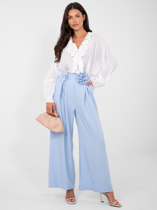 Elegant wide-leg trousers with high waist and belt, blue