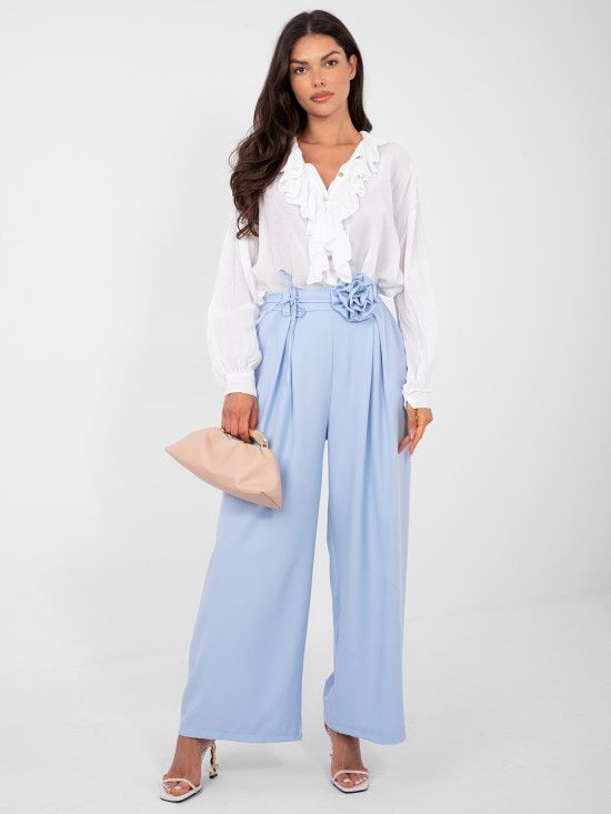 Elegant wide-leg trousers with high waist and belt, blue