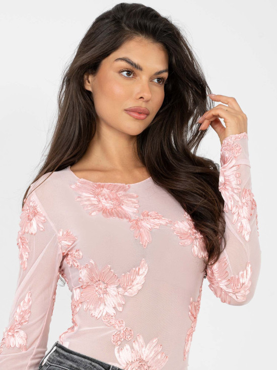 Elegant pink blouse with floral appliqué and embroidery