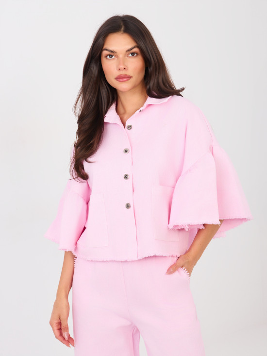 Short Pink Denim Jacket with Ruffle