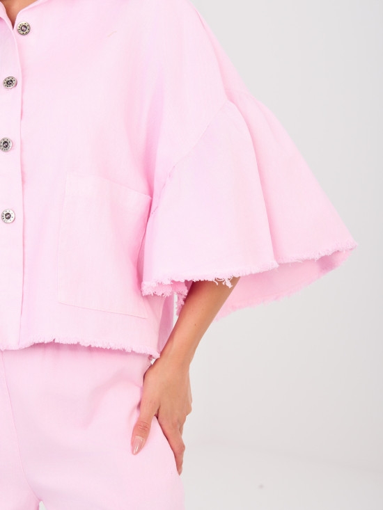 Short Pink Denim Jacket with Ruffle