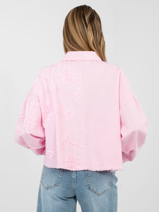 Short Pink Denim Jacket with Floral Appliqué