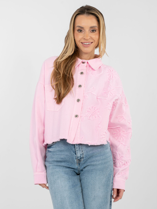 Short Pink Denim Jacket with Floral Appliqué