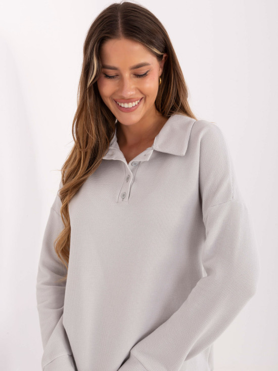 Light grey cotton blouse with collar and long sleeves