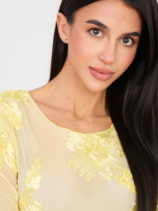 Yellow elegant blouse with floral appliqué and embroidery