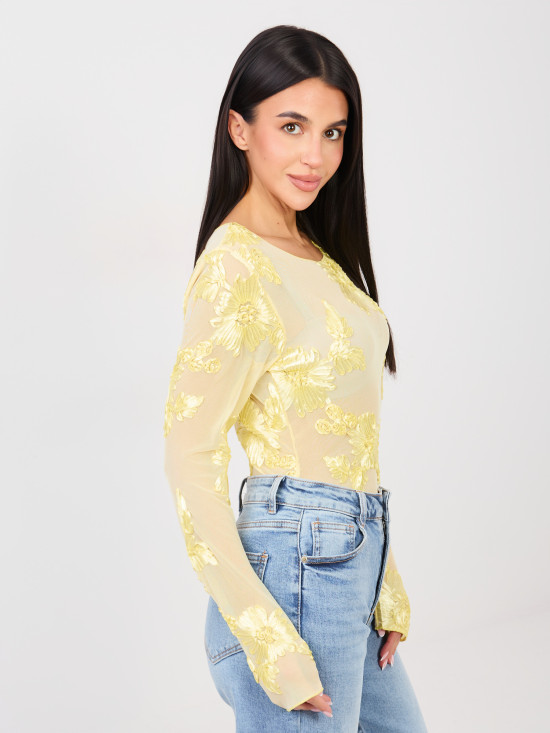Yellow elegant blouse with floral appliqué and embroidery