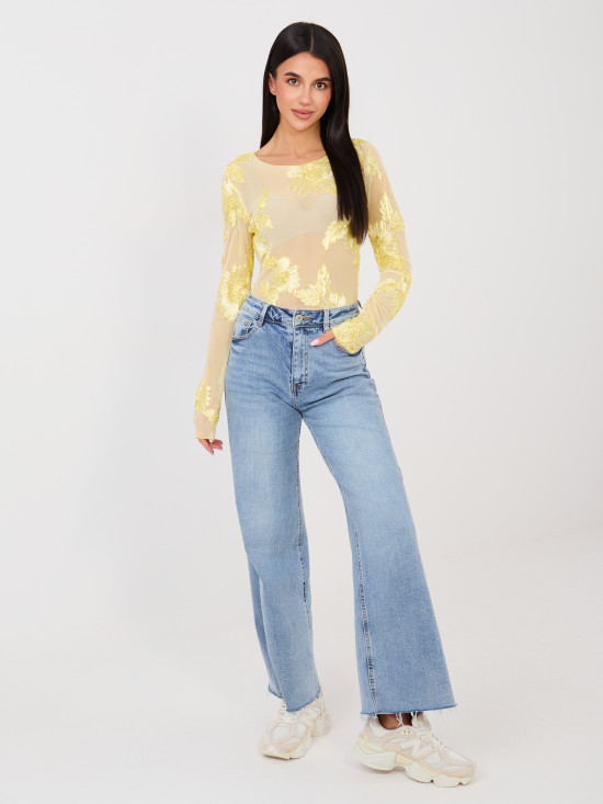 Yellow elegant blouse with floral appliqué and embroidery