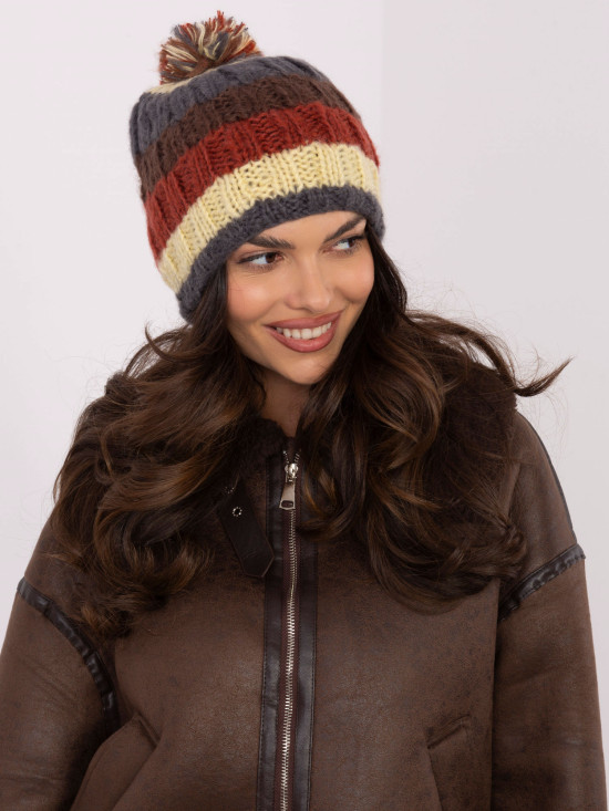 Yellow Striped Beanie with Pom-Pom