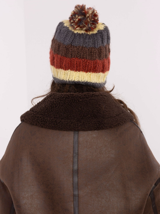 Yellow Striped Beanie with Pom-Pom