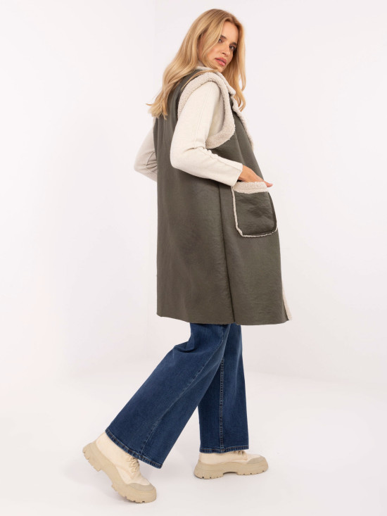 Long khaki vest with pockets