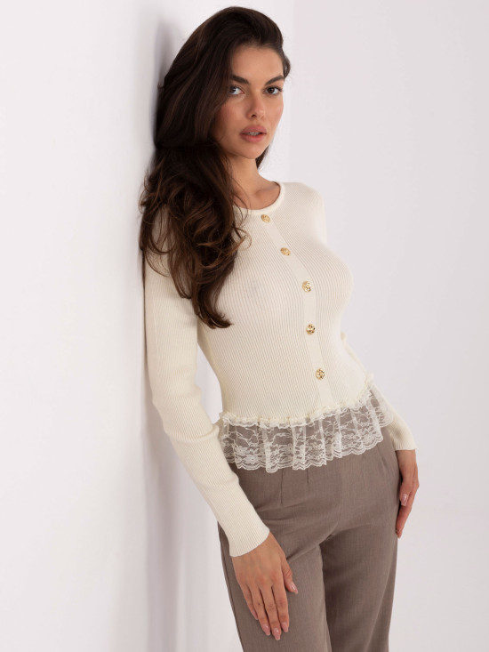 Elegant beige sweater with lace and buttons