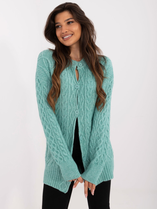 Long mint green textured cardigan with buttons