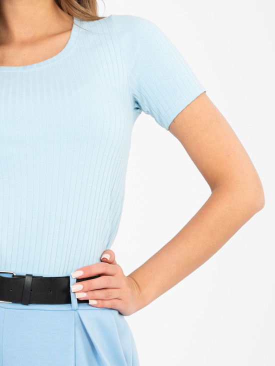 Light blue ribbed short sleeve blouse