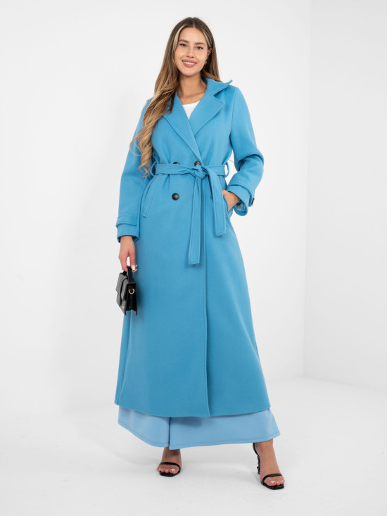 Elegant blue transitional coat with belt