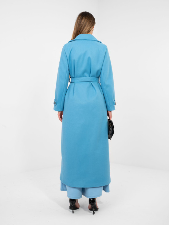 Elegant blue transitional coat with belt