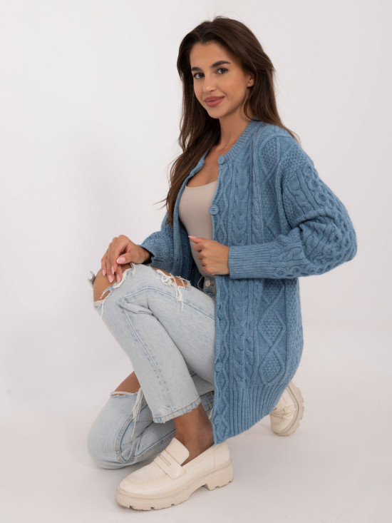 Long blue buttoned textured knit cardigan