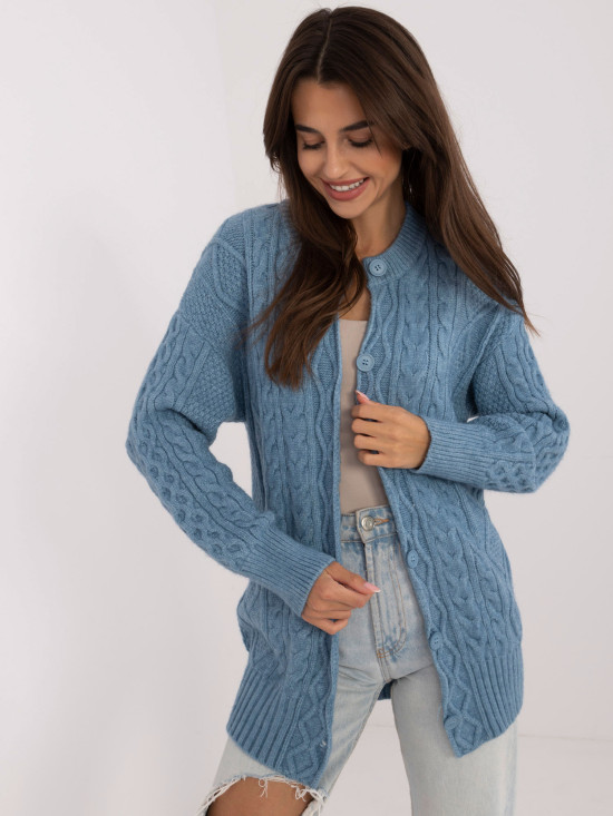 Long blue buttoned textured knit cardigan