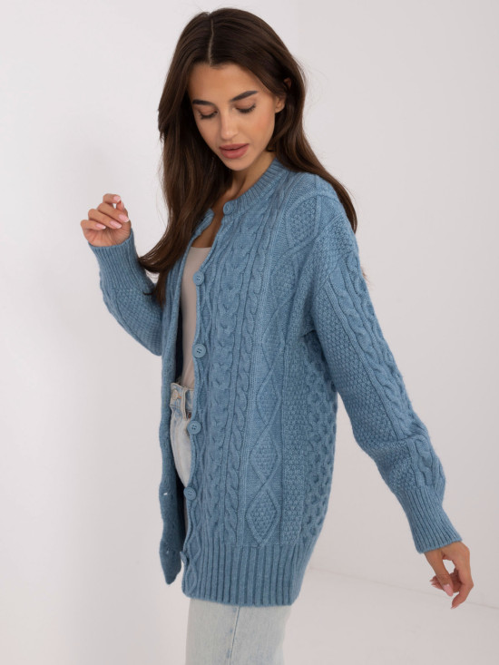Long blue buttoned textured knit cardigan