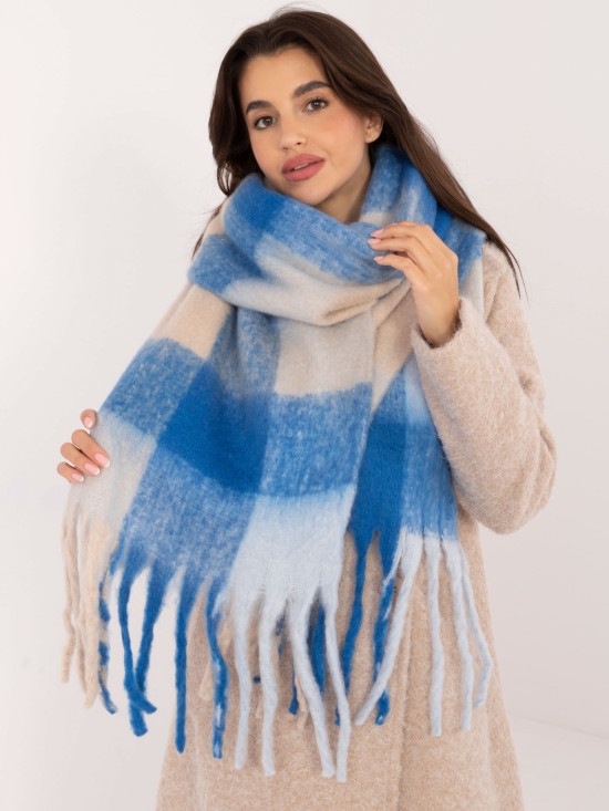 Elegant Blue Scarf with Checkered Pattern