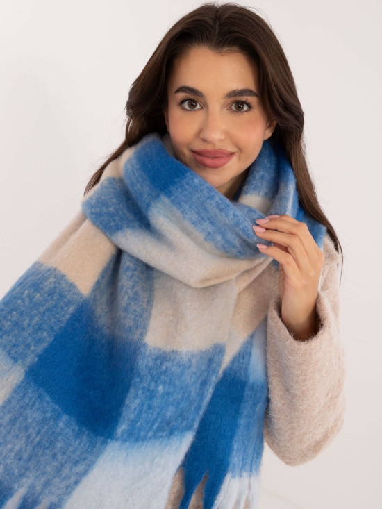 Elegant Blue Scarf with Checkered Pattern