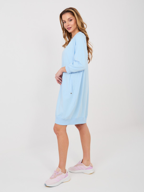 Light Blue Cotton Dress with 3/4 Sleeves and V-Neckline