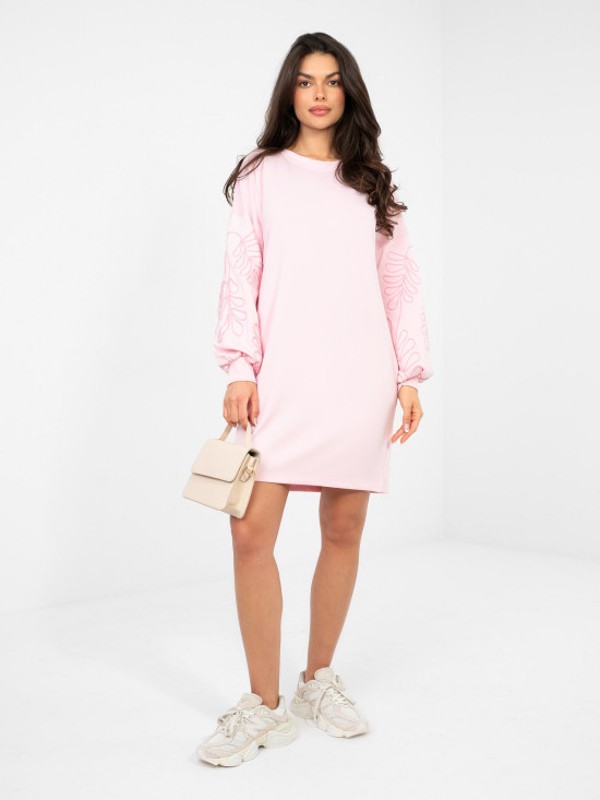 Pink mini dress with embroidery and puff sleeves