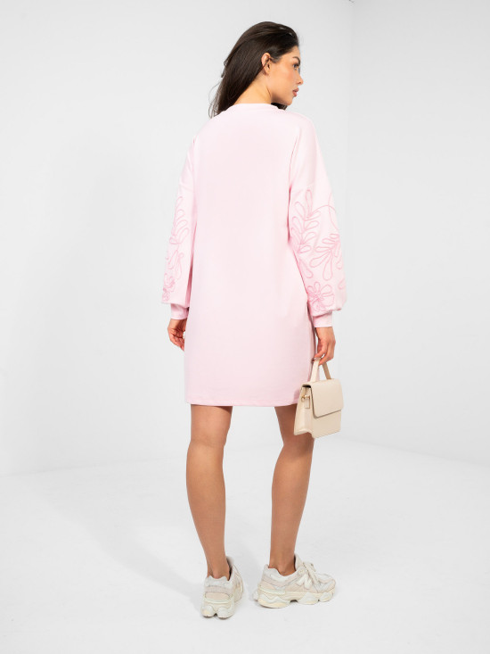 Pink mini dress with embroidery and puff sleeves