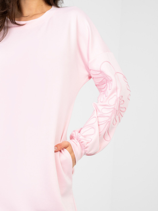 Pink mini dress with embroidery and puff sleeves