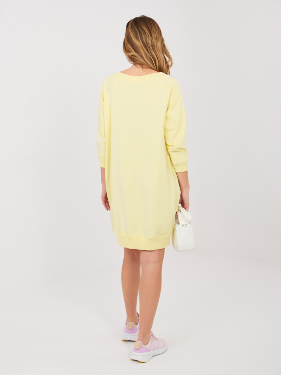 Yellow comfortable cotton dress with 3/4 sleeves and V-neck