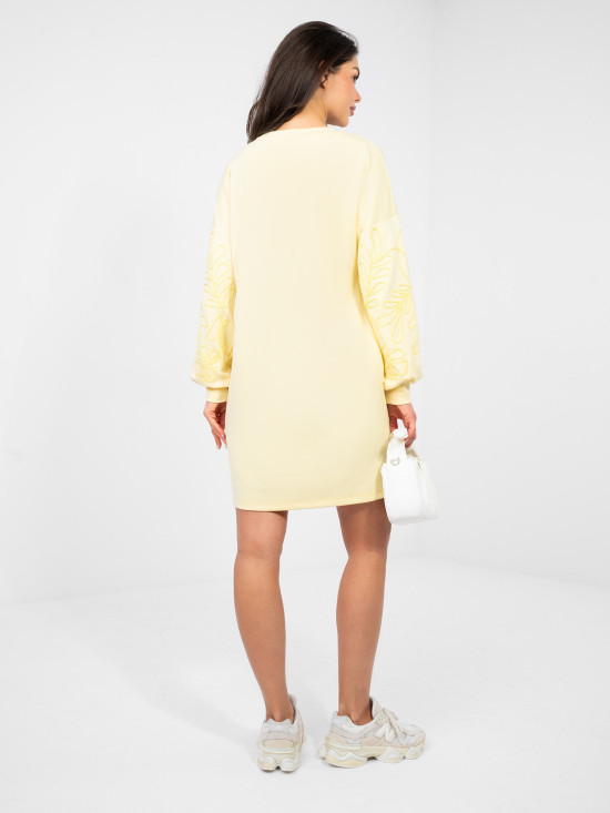 Yellow mini dress with embroidery and puff sleeves