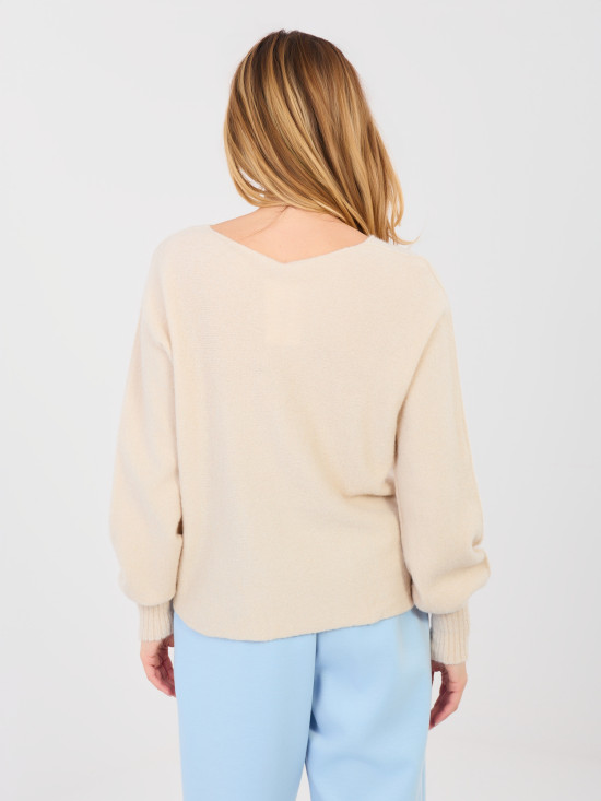 Beige sweater with V-neck and balloon sleeves
