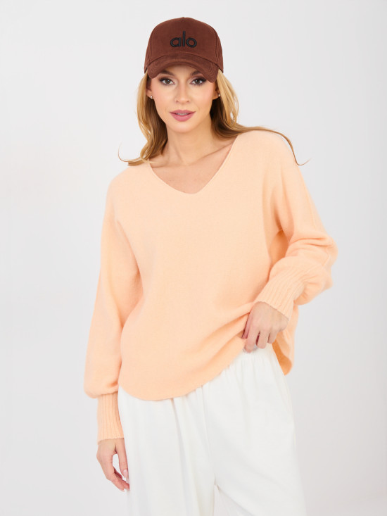 Bright Orange V-Neck Sweater with Balloon Sleeves