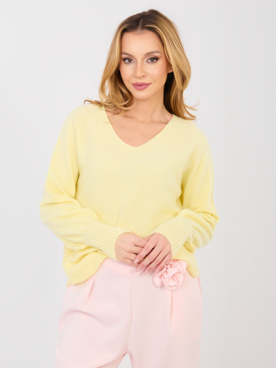 Yellow V-neck sweater with balloon sleeves