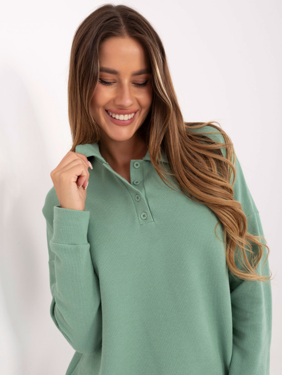 Pistachio cotton blouse with collar and long sleeves