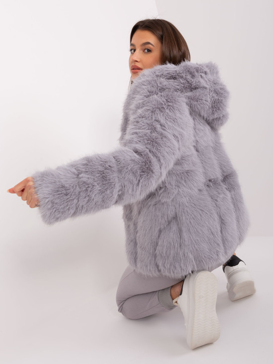 Grey Faux Fur Jacket with Hood