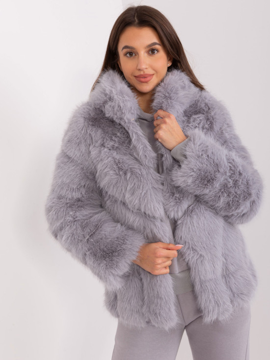 Grey Faux Fur Jacket with Hood