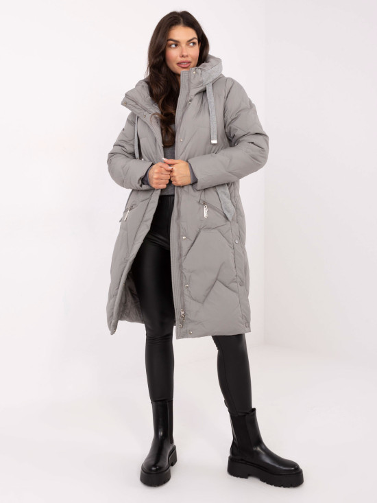 Long grey quilted coat with hood