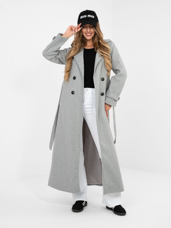 Elegant grey transitional coat with belt