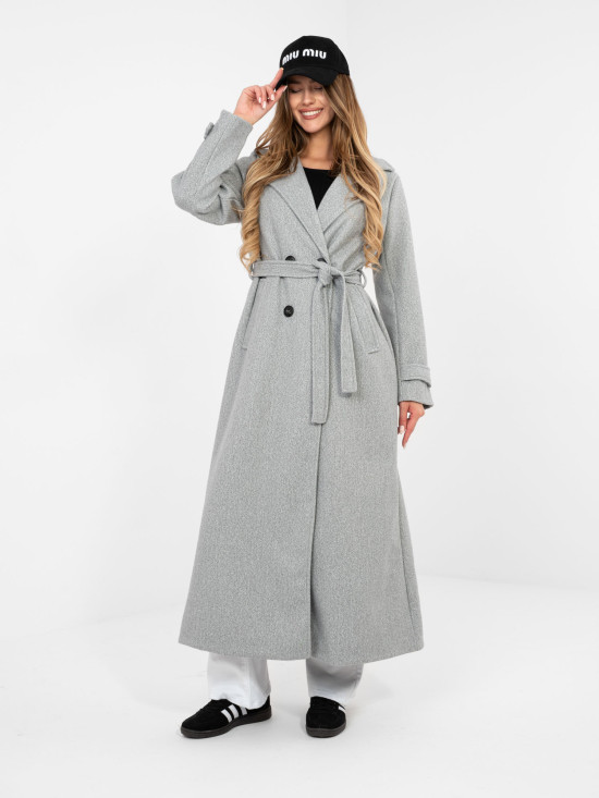 Elegant grey transitional coat with belt