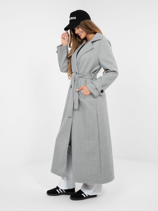 Elegant grey transitional coat with belt