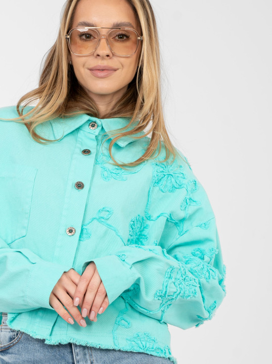 Turquoise women's denim jacket with floral appliqué