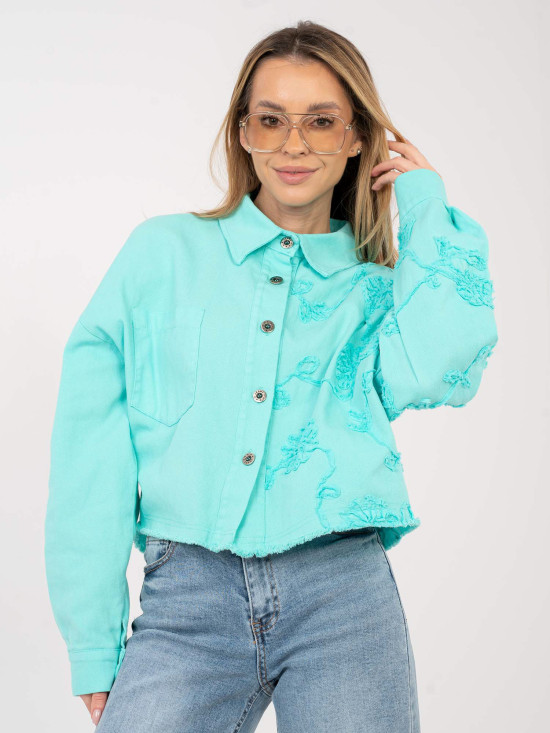 Turquoise women's denim jacket with floral appliqué