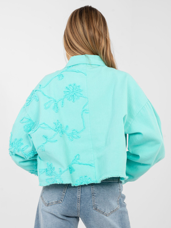 Turquoise women's denim jacket with floral appliqué