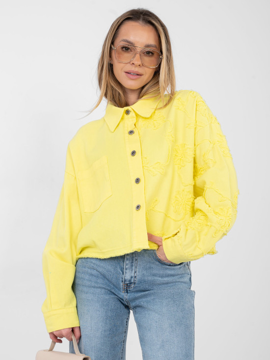 Short yellow denim jacket with floral appliqué