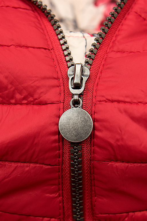 Red puffer jacket with patterned lining