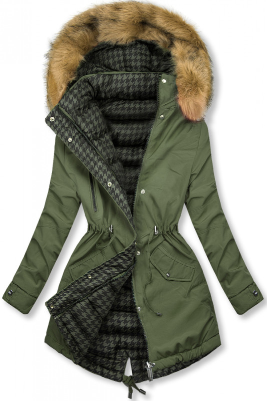 Khaki green reversible winter parka with faux fur trim
