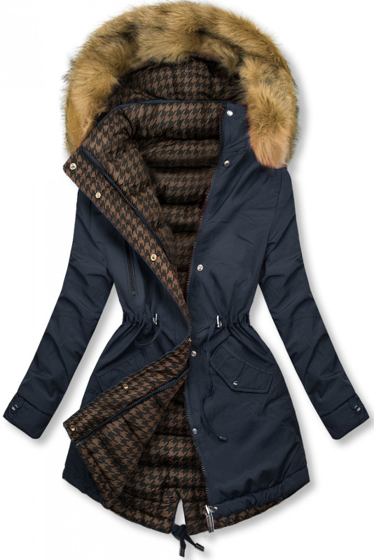 Navy reversible winter parka with faux fur trim