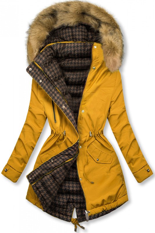 Yellow reversible winter parka with faux fur trim