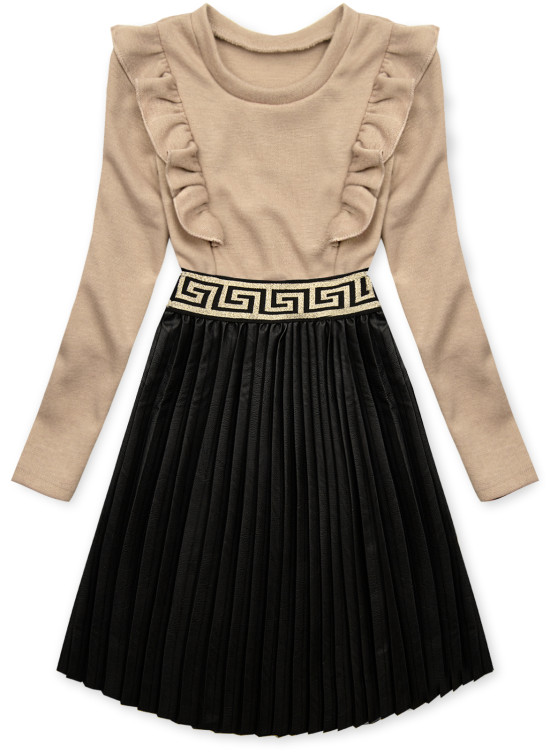 Beige dress with leather pleated skirt