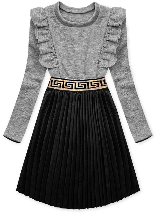 Grey dress with leather pleated skirt